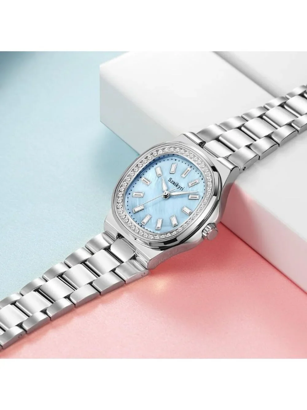Women's Silver Blue Crystal Accented Solid Stainless Steel Band Wrist Watch